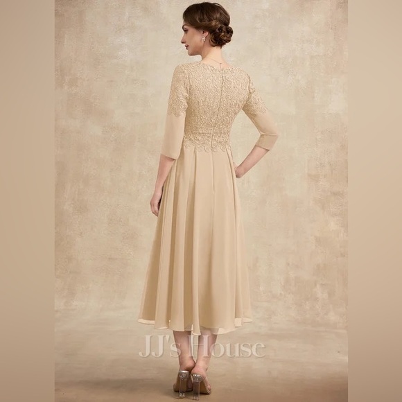 A line V Neck Tea-Length Chiffon Lace Dress With Beading Size 12 Champagne - Picture 3 of 9